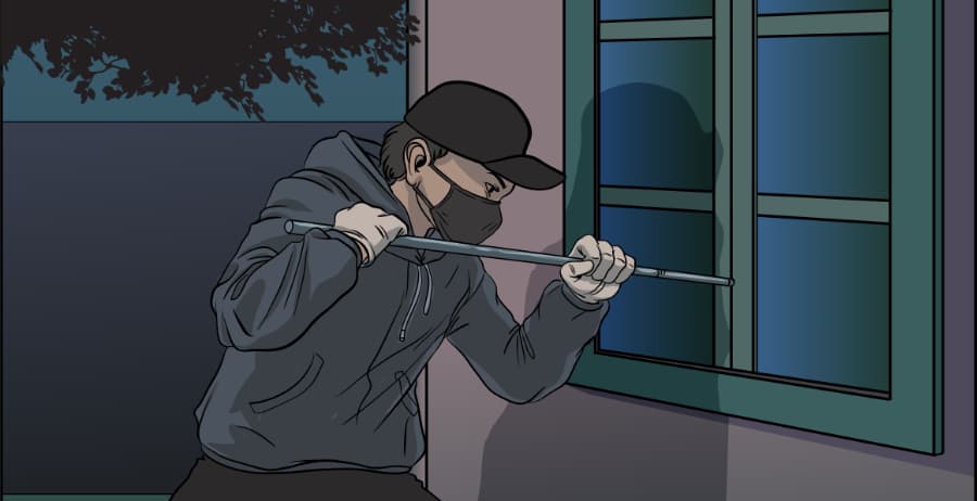 Illustration of burglar forcing entry through a window in Elizabethtown
